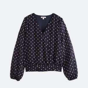Nine Britton Inez Navy Polka Dot V-Neck Blouse with smocked bottom. XL.  NWT